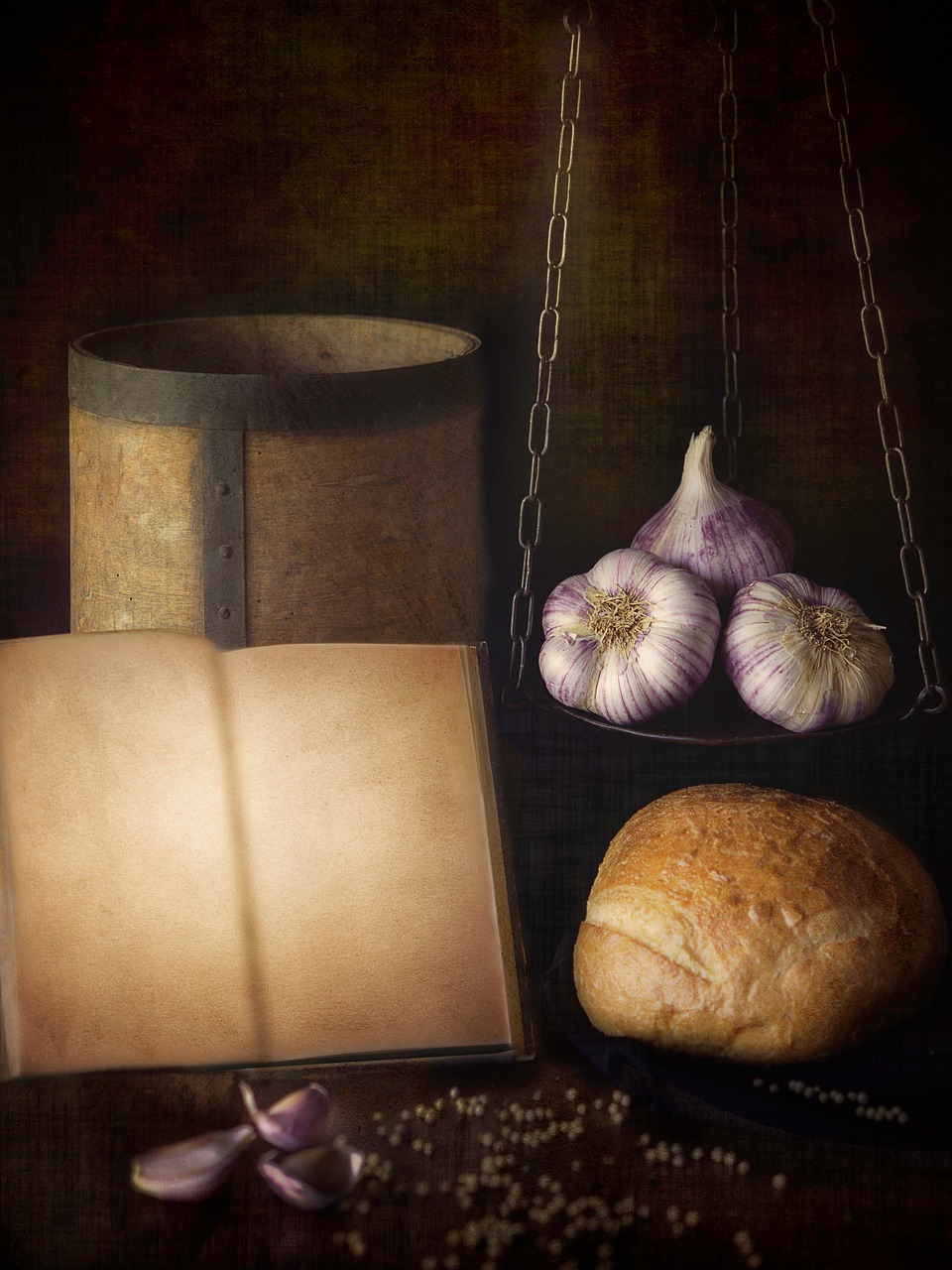 services-07 garlic, bread, pepper, book, recipe, food, still life